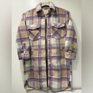 BlankNYC Women’s Plaid Shacket Jacket Longline Sz Small Lavender Blue Beige EUC